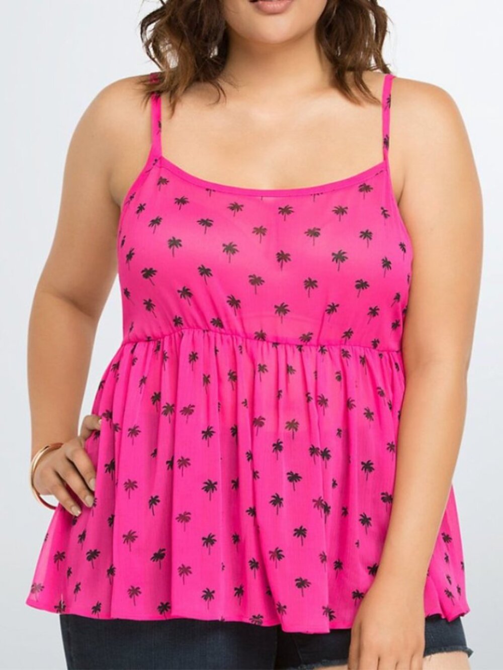 TORRID 2 Plus Size Palm Tree Babydoll Chiffon Tank Top Hot Pink Summer Vacation